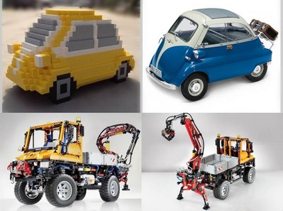 上圖為樂高按1:3比例拼搭的寶馬經(jīng)典微車 Isetta，下圖為樂高拼砌的奔馳 Unimog U 400工程車。